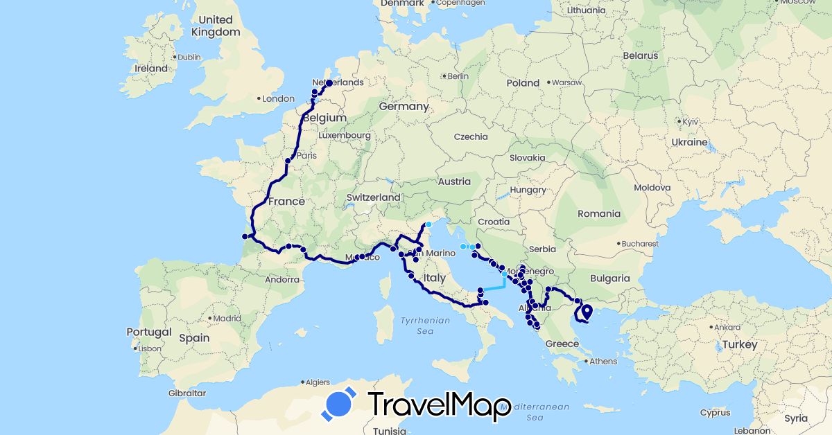 TravelMap itinerary: driving, boat in Albania, Bosnia and Herzegovina, Bulgaria, France, Greece, Croatia, Italy, Montenegro, Macedonia, Netherlands (Europe)